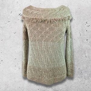 White House Black Market Sequin Sweater Boat-Neck Fringe Mink/Metallic Taupe W L